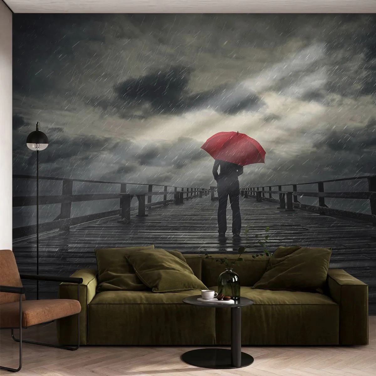 Papel de Parede Standard Eco - Não faz mal que chova - Cais de madeira, Mar, Caminhada na chuva - 500x350 cm