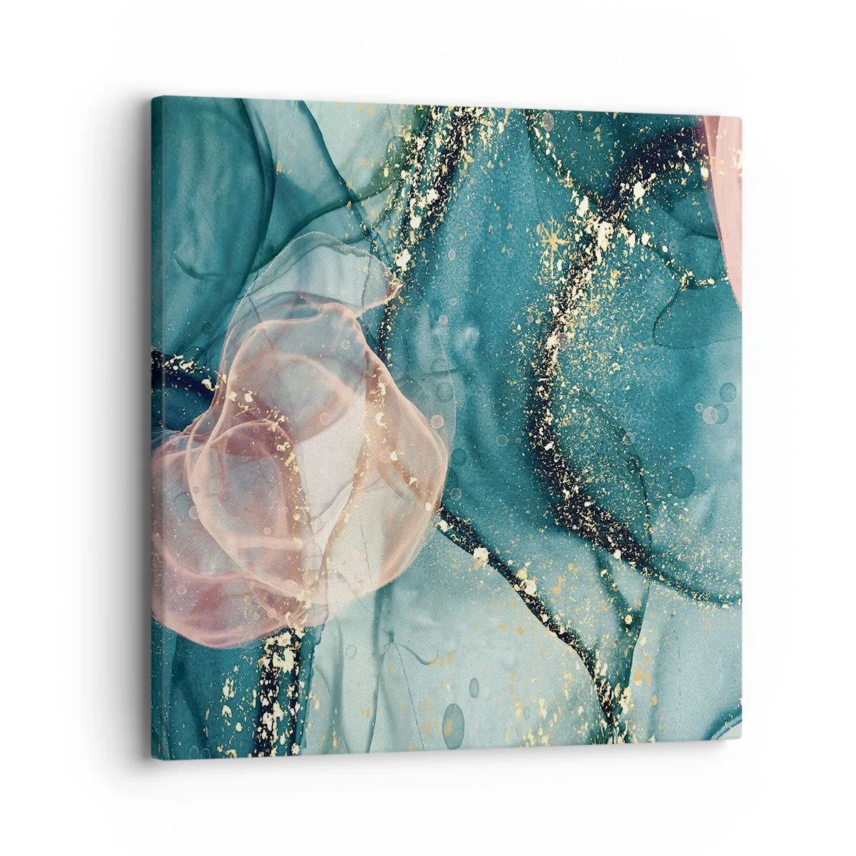 Quadro em tela - Azul seda, rosa tule - 30x30 cm