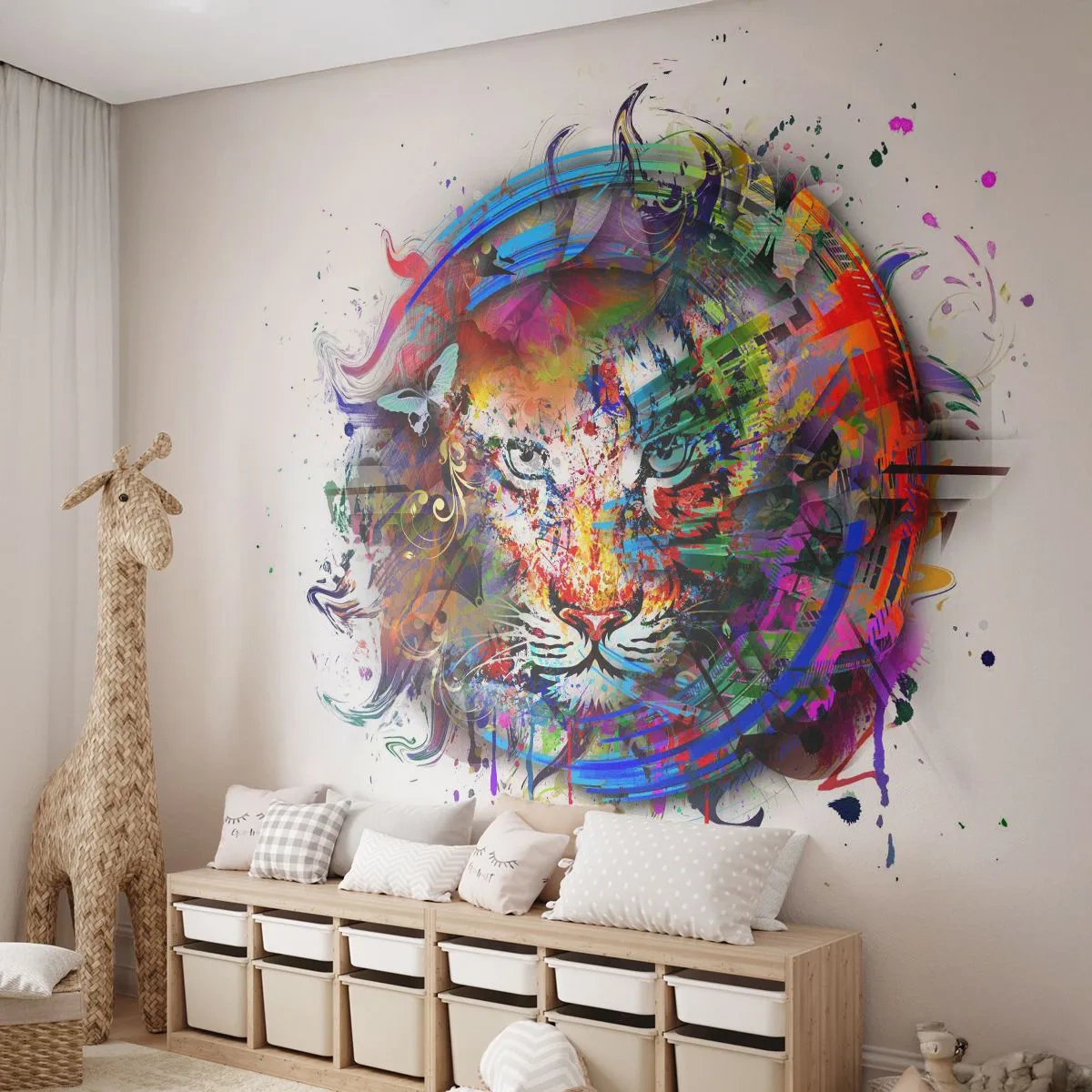Papel de Parede Autocolante Deluxe Sticker - À espreita atrás do véu arco-íris - Abstração, Tigre, Gráficos - 250x175 cm