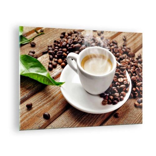 Quadro em vidro - Uma xícara de café cercada por grãos sobre uma mesa de madeira - 70x50cm - Pausa para um café - Decoração de parede moderna para a sala de estar e quarto ARTTOR