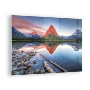 Quadro em vidro - Um pico de montanha refletido em um lago calmo - 70x50cm - Calor e frio - Decoração de parede moderna para a sala de estar e quarto ARTTOR