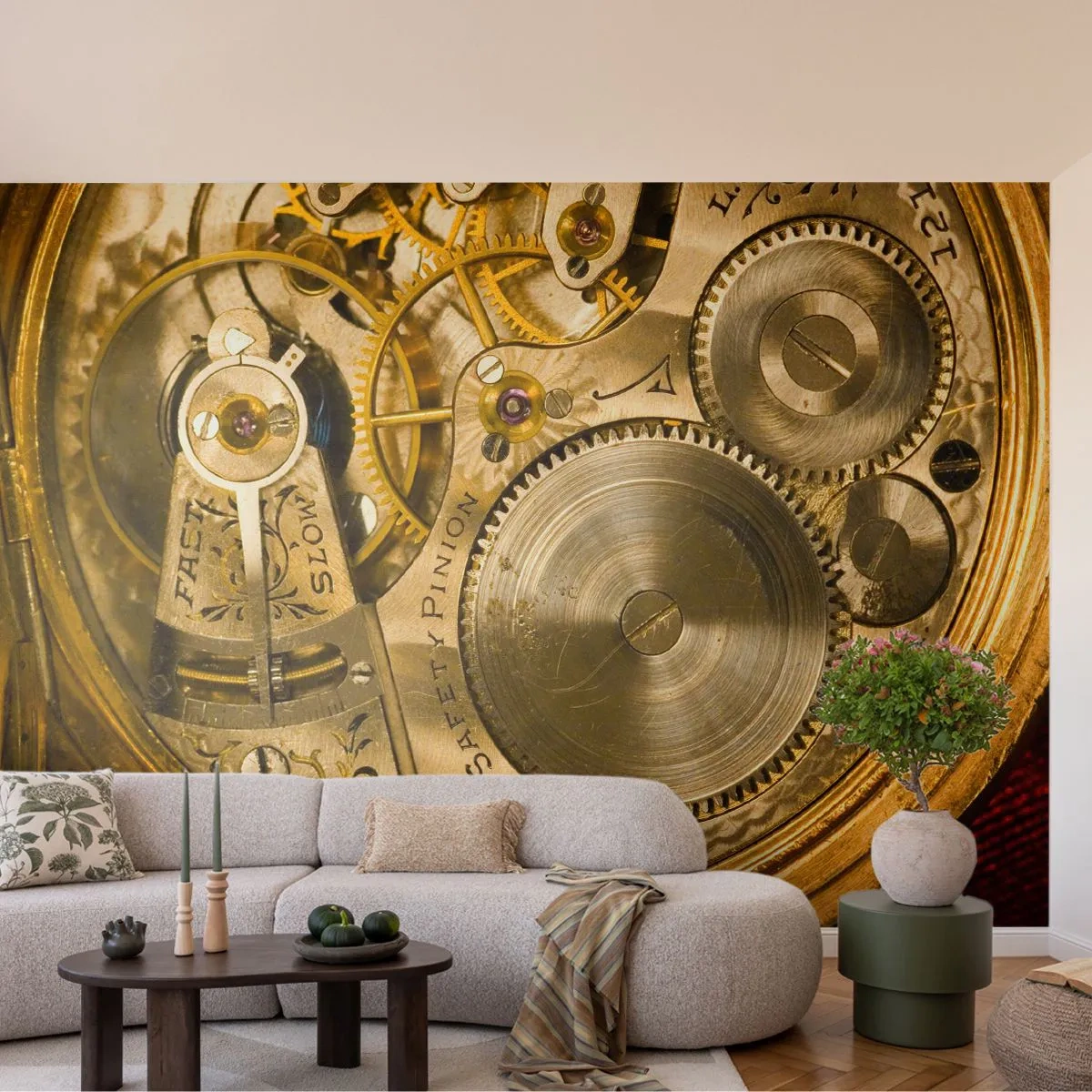 Papel de Parede Premium Sand - Mova-se com o tempo - Relógio, Mecanismo de Relógio, Vintage - 400x280 cm