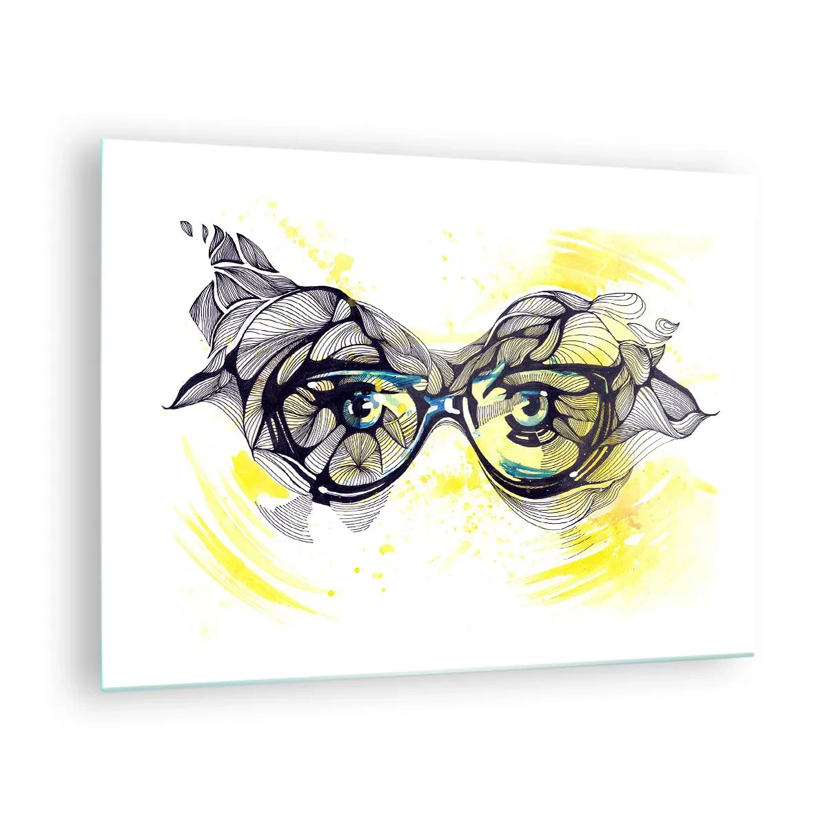 Quadro em vidro - Óculos com padrões artísticos e olhos em um fundo em tons de amarelo - 70x50cm - Através de óculos azuis - Decoração de parede moderna para a sala de estar e quarto ARTTOR