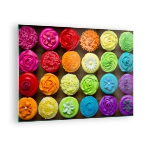 Quadro em vidro - Cupcakes coloridos com decorações em um fundo de madeira - 70x50cm - Todos diferentes - todos deliciosos - Decoração de parede moderna para a sala de estar e quarto ARTTOR
