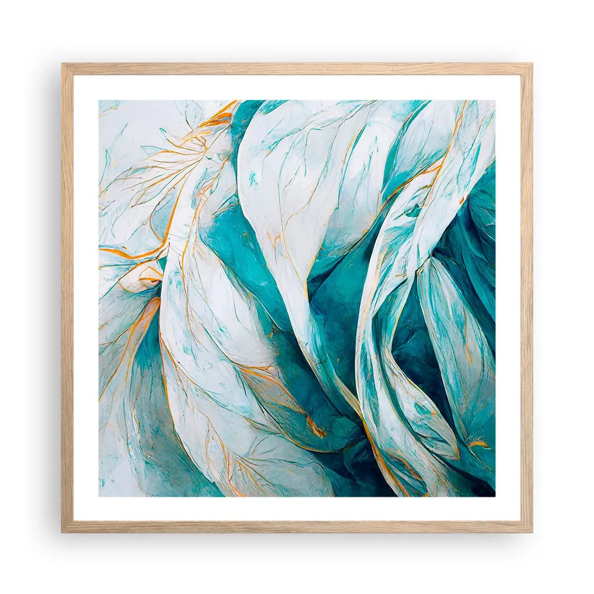 Pôster com moldura de carvalho claro - Abstração azul com lema dourado - 60x60 cm