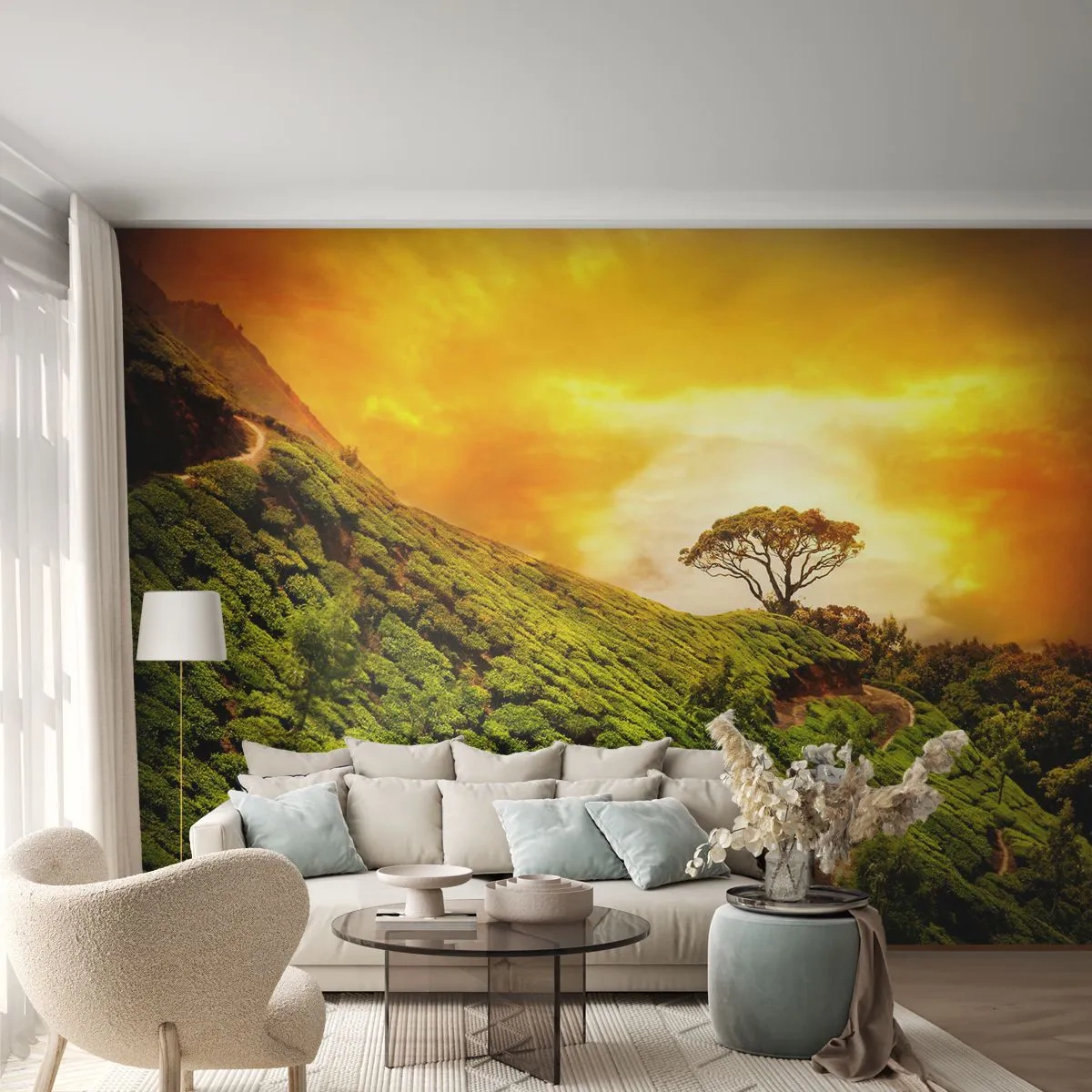 Papel de Parede Premium Sand - Um caminho sinuoso, uma encosta verde - Paisagem, Plantação de chá, Índia - 100x70 cm