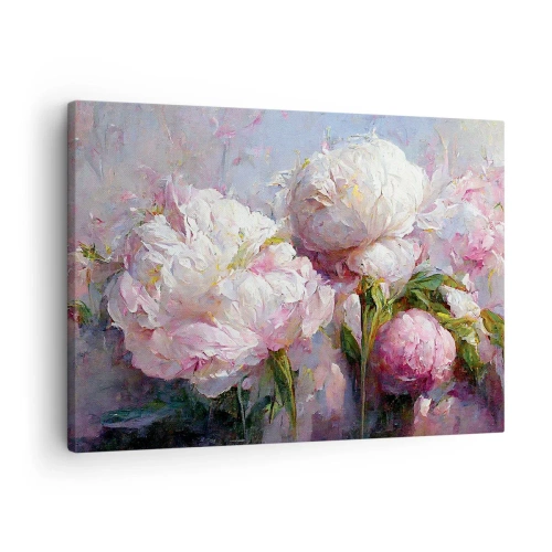 Quadro em tela - Flores românticas de peônia em tons pastéis - 70x50cm - Um buquê cheio de vida - Decoração de parede moderna para a sala de estar e quarto ARTTOR