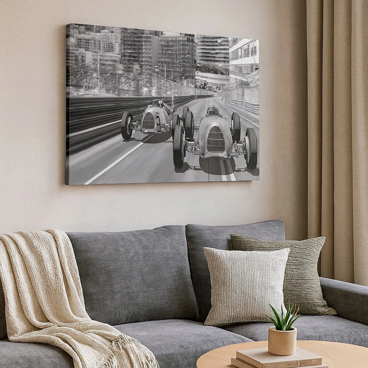 Quadro em tela - Cena de corrida de carros retrô monocromática - 70x50cm - Era uma vez em Monte Carlo - Decoração de parede moderna para a sala de estar e quarto ARTTOR