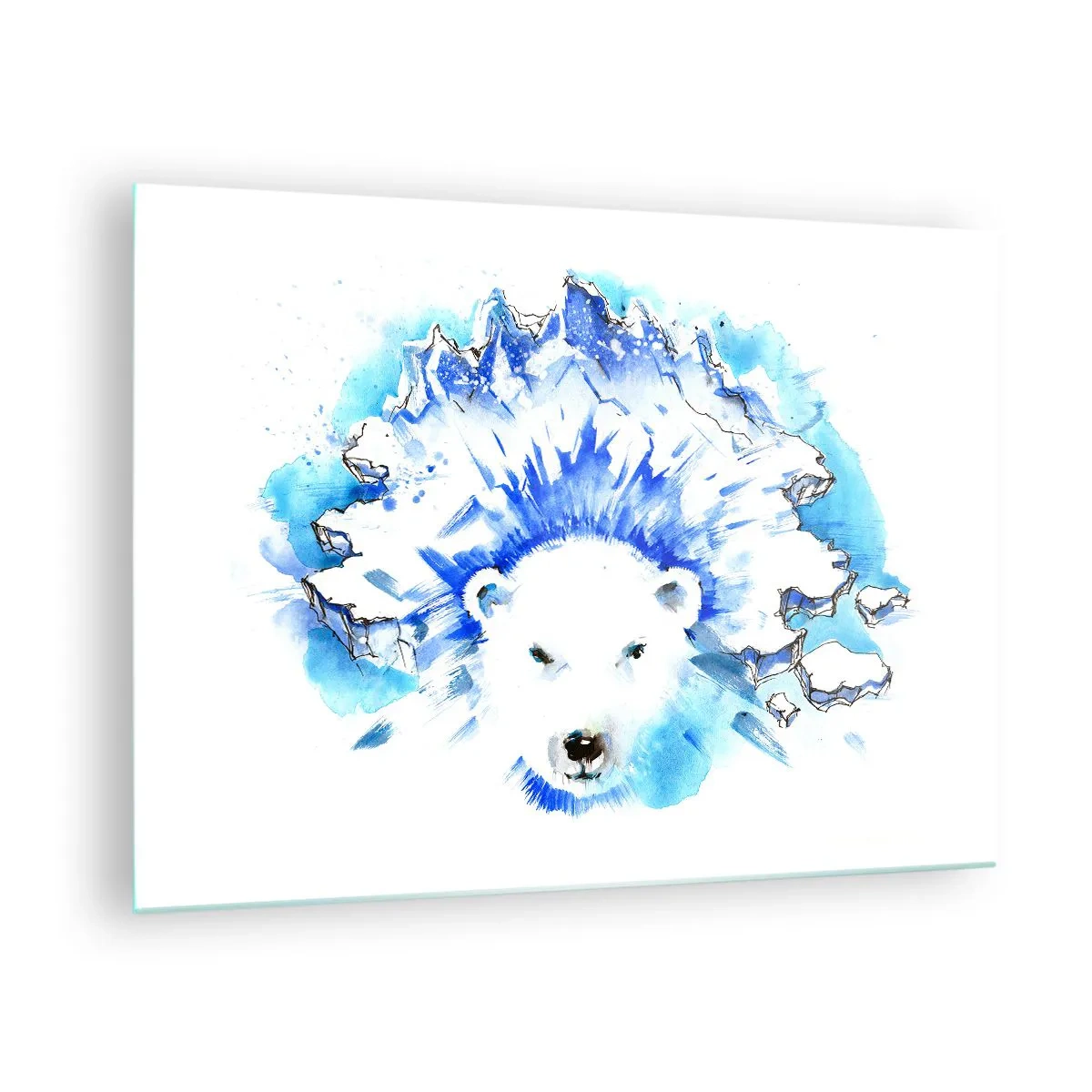 Quadro em vidro - Um urso polar em um cenário de montanhas geladas em tons de azul. - 70x50cm - O Rei do Ártico em uma coroa de gelo - Decoração de parede moderna para a sala de estar e quarto ARTTOR