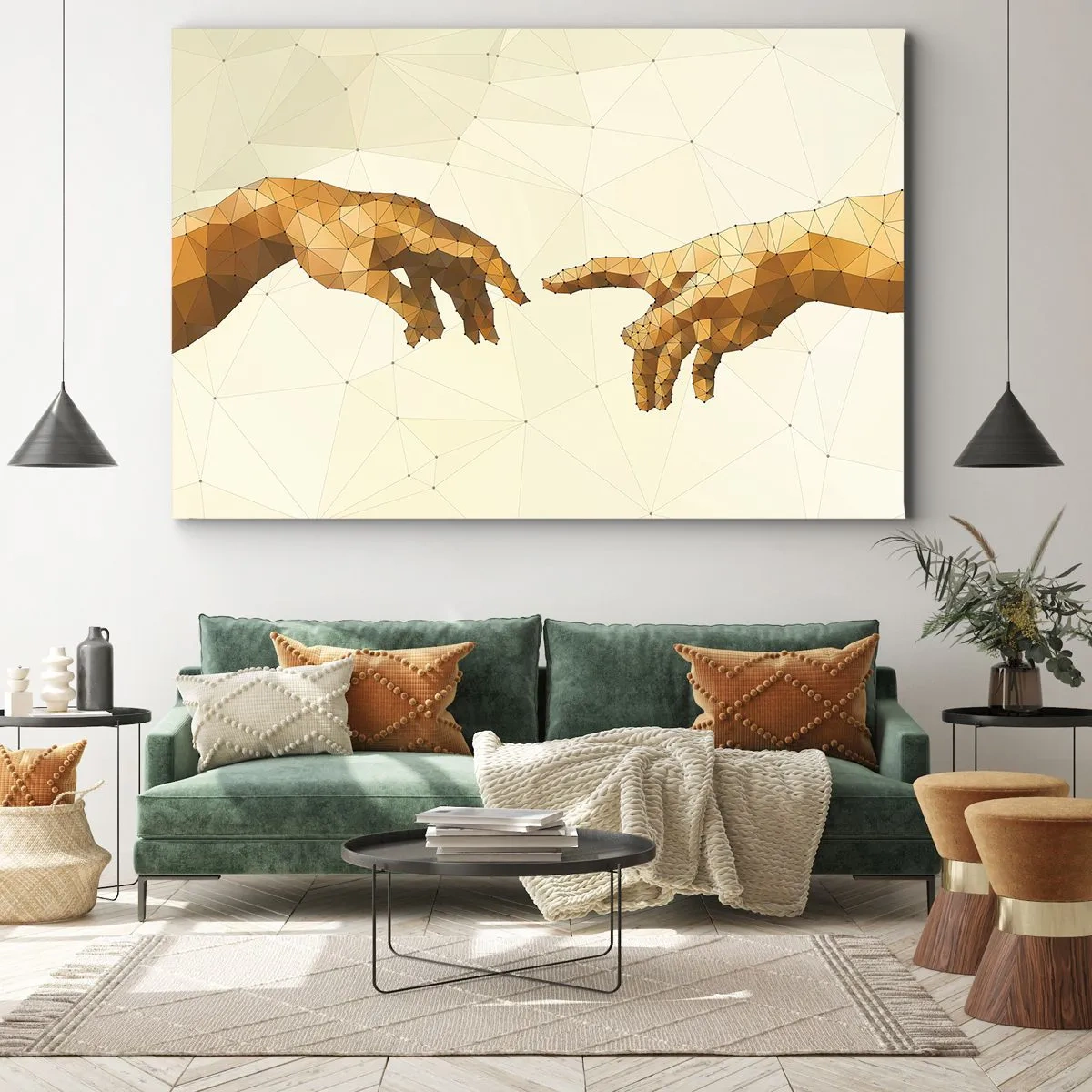 Quadro em tela - Mãos geométricas estendendo-se uma em direção à outra contra um fundo claro - 70x50cm - Geometria divina - Decoração de parede moderna para a sala de estar e quarto ARTTOR
