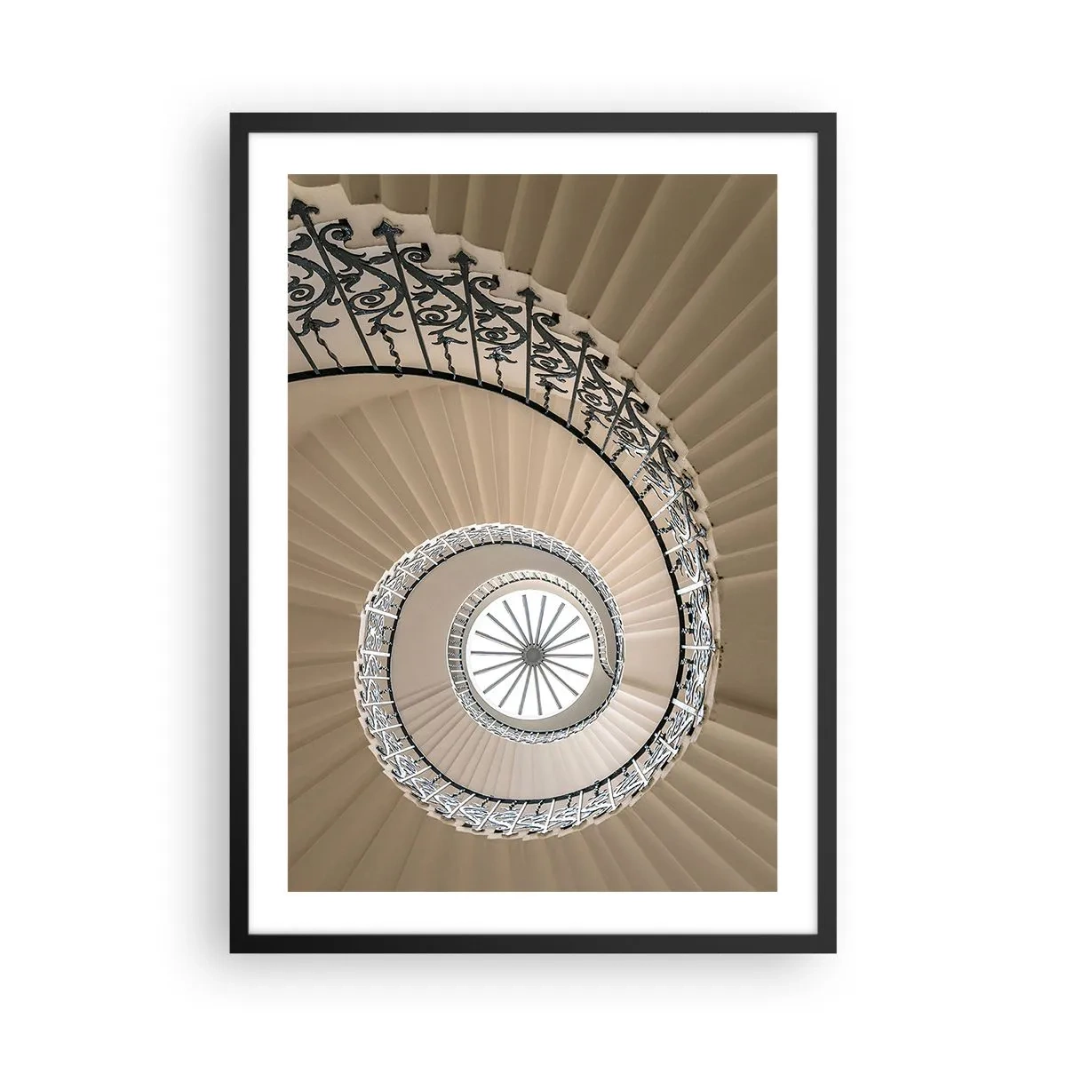 Pôster com moldura preta - Fotografia de uma escada em espiral com balaustrada decorativa - 50x70cm - Dentro da casca - Decoração de parede moderna para a sala de estar e quarto ARTTOR