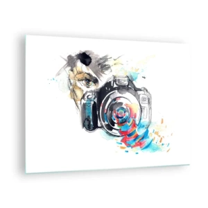 Quadro em vidro - Câmera com elementos abstratos coloridos - 70x50cm - No olho da lente - Decoração de parede moderna para a sala de estar e quarto ARTTOR