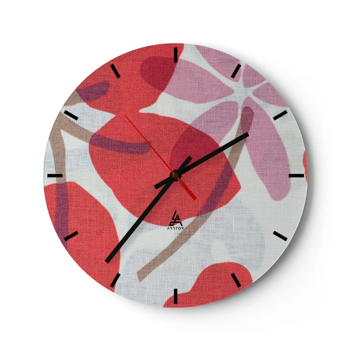Relógio de parede - Relógio em vidro - Folhas rosas e vermelhas sobre fundo branco com textura de linho - 30x30cm - Arranjo de flores em rosa - Decoração de parede moderna para a sala de estar, cozinha e quarto ARTTOR