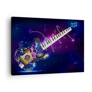 Quadro em tela - Uma guitarra colorida com um teclado e um microfone em um fundo escuro. - 70x50cm - E está tudo bem - Decoração de parede moderna para a sala de estar e quarto ARTTOR