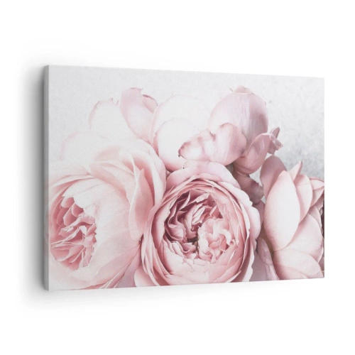 Quadro em tela - Peônias rosa em luz suave contra um fundo claro - 70x50cm - Para românticos - Decoração de parede moderna para a sala de estar e quarto ARTTOR