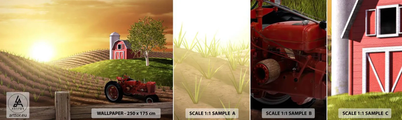 Amostra de papel de parede autocolante Deluxe Sticker - Uma fazenda como num conto de fadas - Fazenda, Paisagem, Trator - 100x30 cm