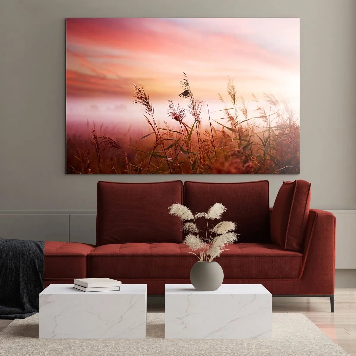 Quadro em vidro - Um prado na névoa da manhã com um céu pastel - 70x50cm - Papagaios, balões, vento - Decoração de parede moderna para a sala de estar e quarto ARTTOR