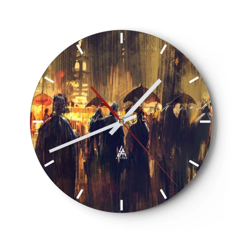 Relógio de parede - Relógio em vidro - Uma multidão de pessoas sob guarda-chuvas tendo como pano de fundo uma cidade noturna - 30x30cm - Os seguidores da chuva - Decoração de parede moderna para a sala de estar, cozinha e quarto ARTTOR