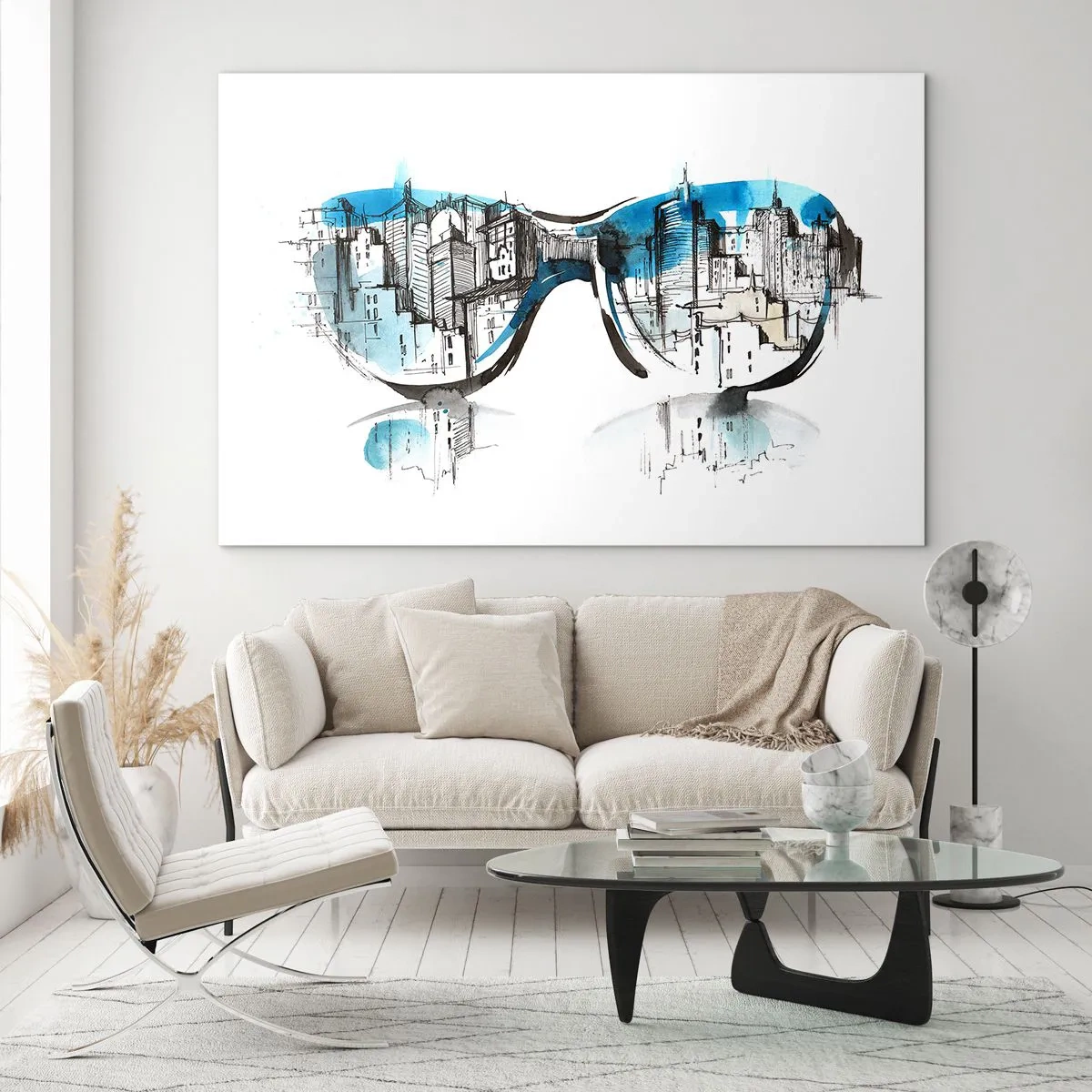 Quadro em vidro - panorama da cidade refletido nos óculos de sol - 70x50cm - Elegância Metropolitana - Decoração de parede moderna para a sala de estar e quarto ARTTOR
