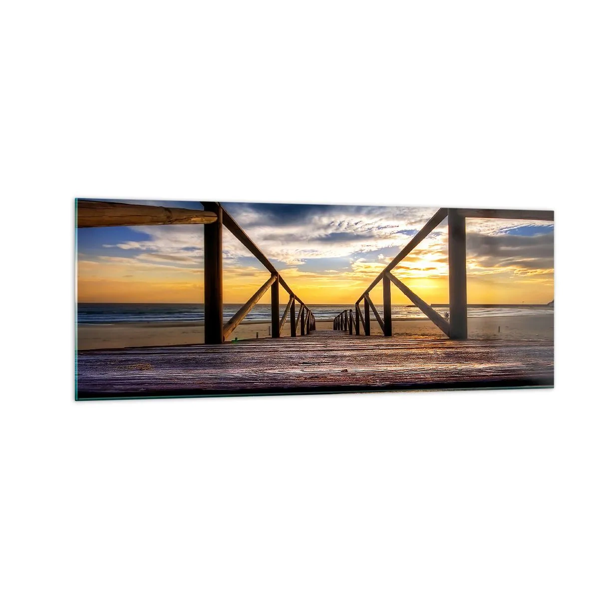 Quadro em vidro - Direto para a praia tranquila ao pôr do sol - 140x50 cm