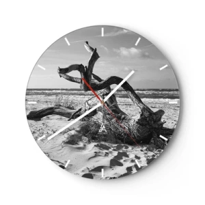 Relógio de parede - Relógio em vidro - Uma paisagem em preto e branco com um galho caído em uma praia arenosa. - 30x30cm - Escultura do mar - Decoração de parede moderna para a sala de estar, cozinha e quarto ARTTOR