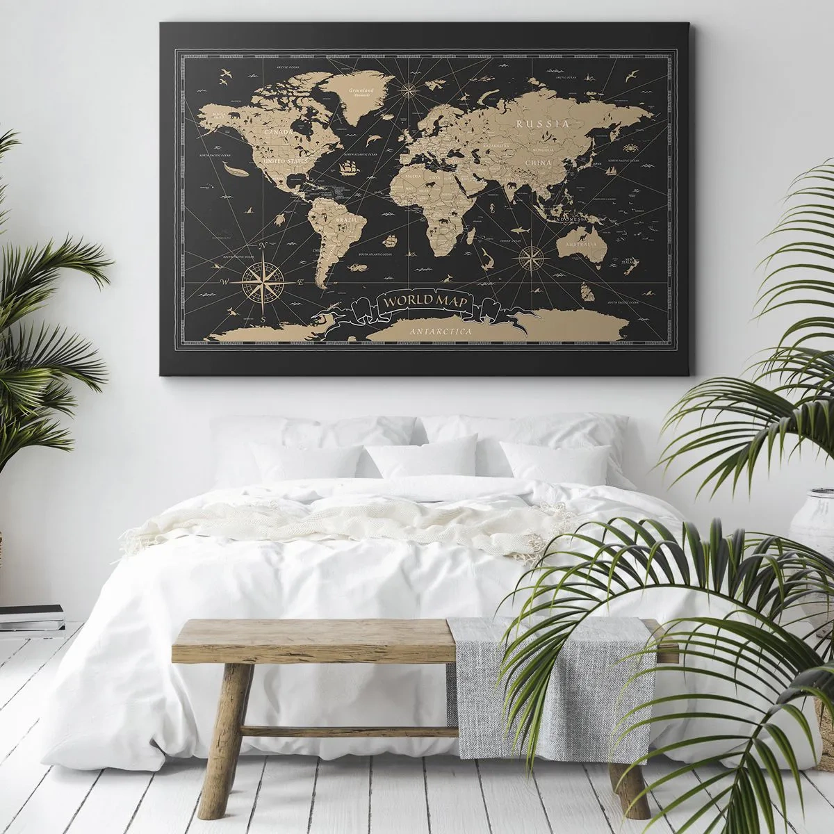 Quadro em tela - Um mapa-múndi estilizado em um fundo preto com detalhes em bege. - 70x50cm - Os limites do meu mundo - Decoração de parede moderna para a sala de estar e quarto ARTTOR
