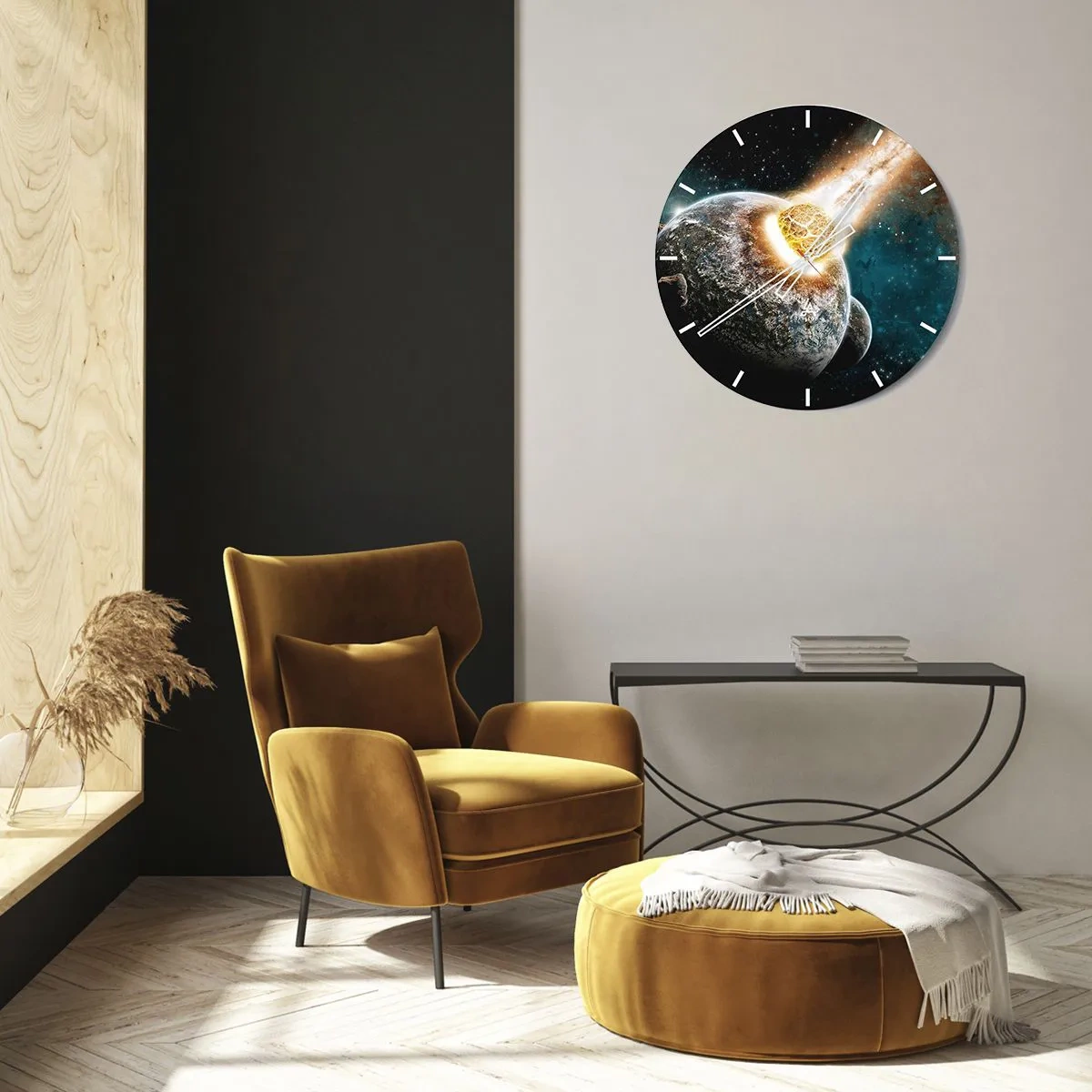 Relógio de parede - Relógio em vidro - Terra e meteorito em explosão cósmica - 30x30cm - Extinção ou nascimento? - Decoração de parede moderna para a sala de estar, cozinha e quarto ARTTOR