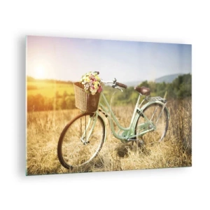 Quadro em vidro - Bicicleta retrô com flores em fundo natural - 70x50cm - Vou ficar aqui por um tempo - Decoração de parede moderna para a sala de estar e quarto ARTTOR
