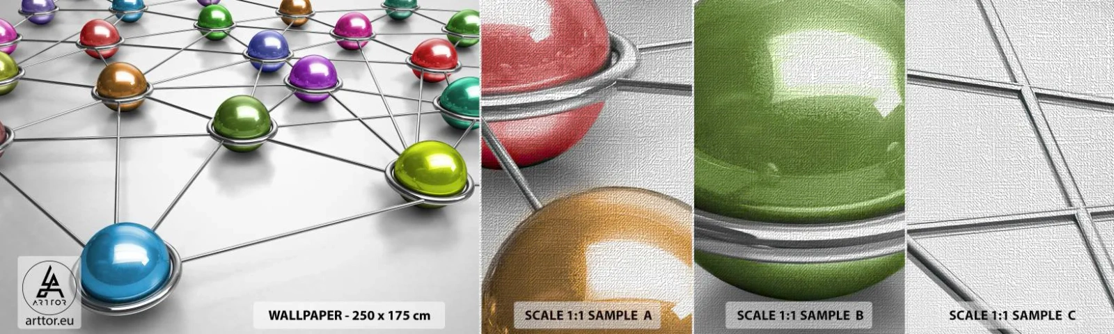 Amostra de papel de parede Premium Canvas - Teia cósmica - Abstração, Bolas Metálicas, 3D - 100x30 cm