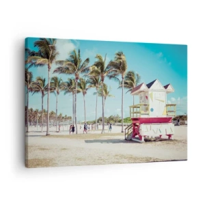 Quadro em tela - Uma praia com palmeiras e uma torre de salva-vidas ao fundo - 70x50cm - Um belo dia pela frente - Decoração de parede moderna para a sala de estar e quarto ARTTOR