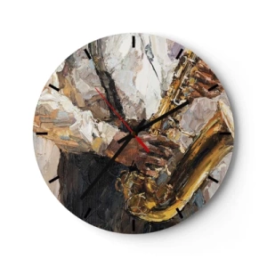 Relógio de parede - Relógio em vidro - Uma pintura artística representando um músico tocando saxofone - 30x30cm - Hora do solo - Decoração de parede moderna para a sala de estar, cozinha e quarto ARTTOR