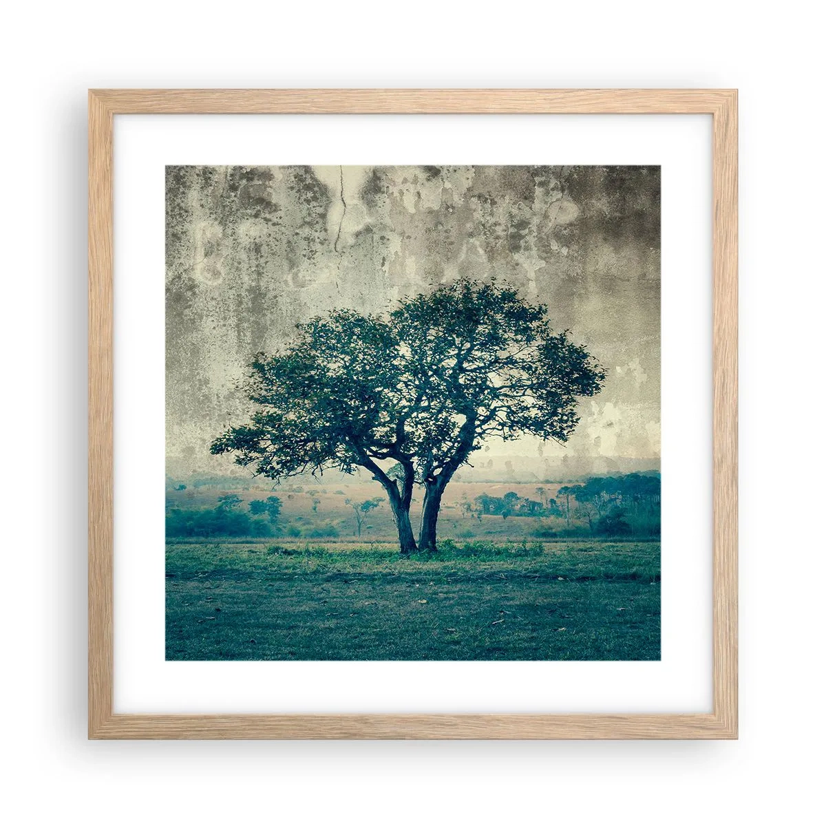 Pôster com moldura de carvalho claro - Uma macieira num prado azul? - 40x40 cm