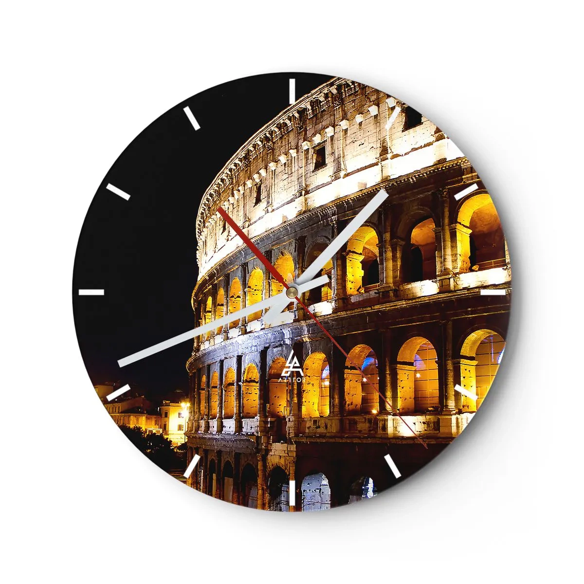 Relógio de parede - Relógio em vidro - O Coliseu iluminado à noite contra um fundo preto - 30x30cm - É hora das Olimpíadas - Decoração de parede moderna para a sala de estar, cozinha e quarto ARTTOR