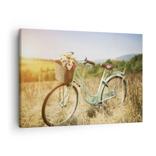 Quadro em tela - Uma bicicleta retrô com uma cesta cheia de flores sobre um fundo de campo. - 70x50cm - Vou ficar aqui por um tempo - Decoração de parede moderna para a sala de estar e quarto ARTTOR