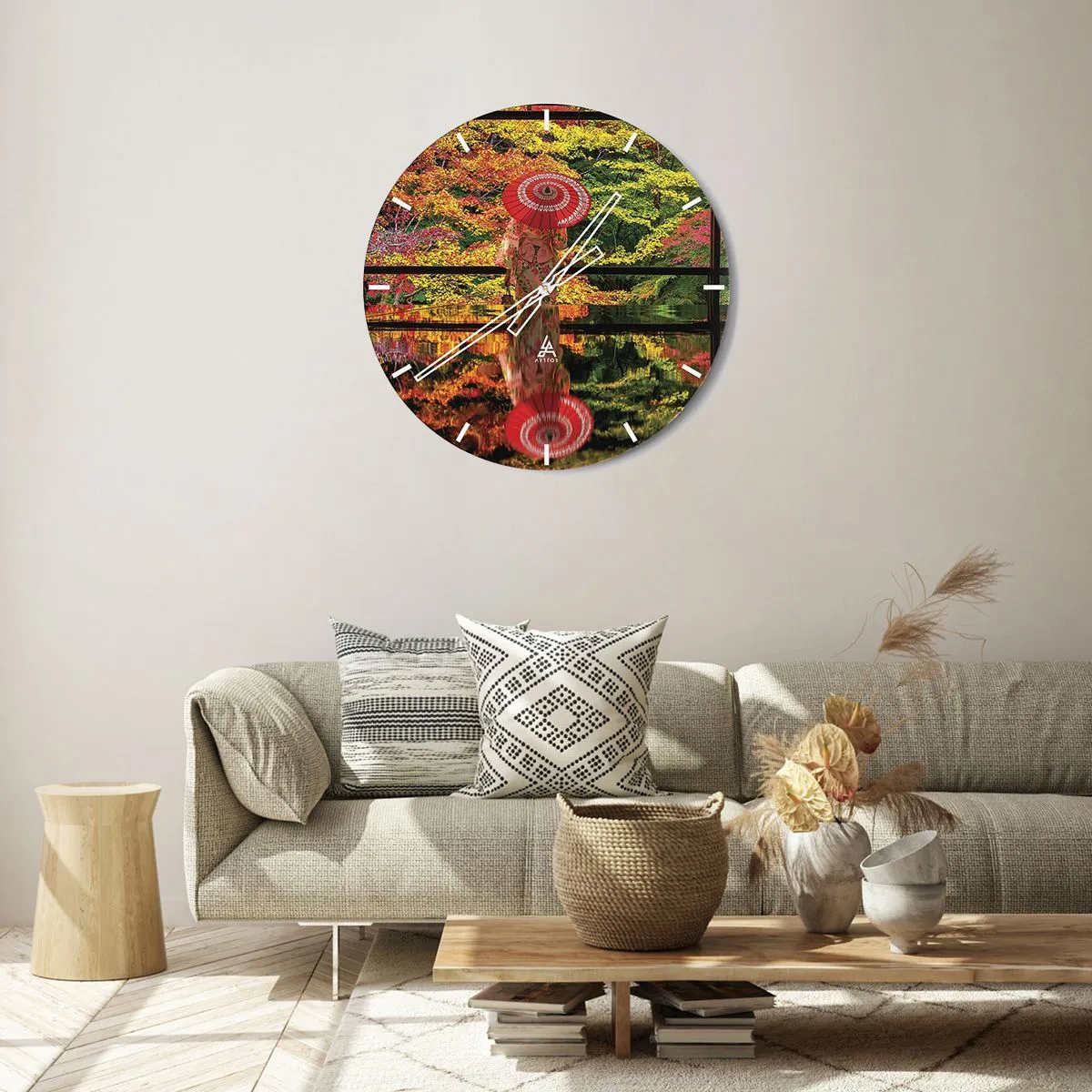 Relógio de parede - Relógio em vidro - Guarda-chuva japonês entre folhas de outono - 30x30cm - No templo da natureza - Decoração de parede moderna para a sala de estar, cozinha e quarto ARTTOR