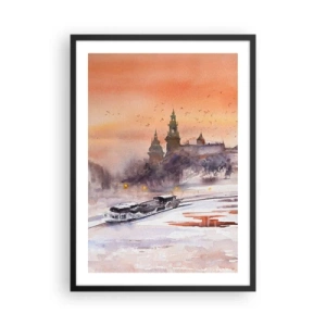 Pôster com moldura preta - Paisagem urbana em aquarela ao pôr do sol - 50x70cm - Pôr do sol real - Decoração de parede moderna para a sala de estar e quarto ARTTOR