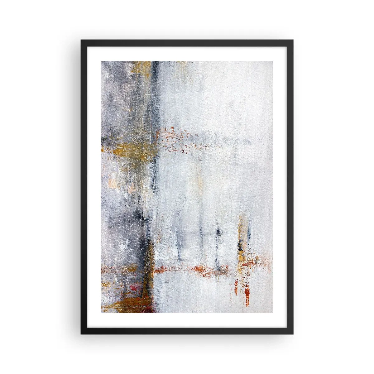 Pôster com moldura preta - Uma composição abstrata com tons de cinza, branco e dourado. - 50x70cm - Atrás da cortina de ar - Decoração de parede moderna para a sala de estar e quarto ARTTOR