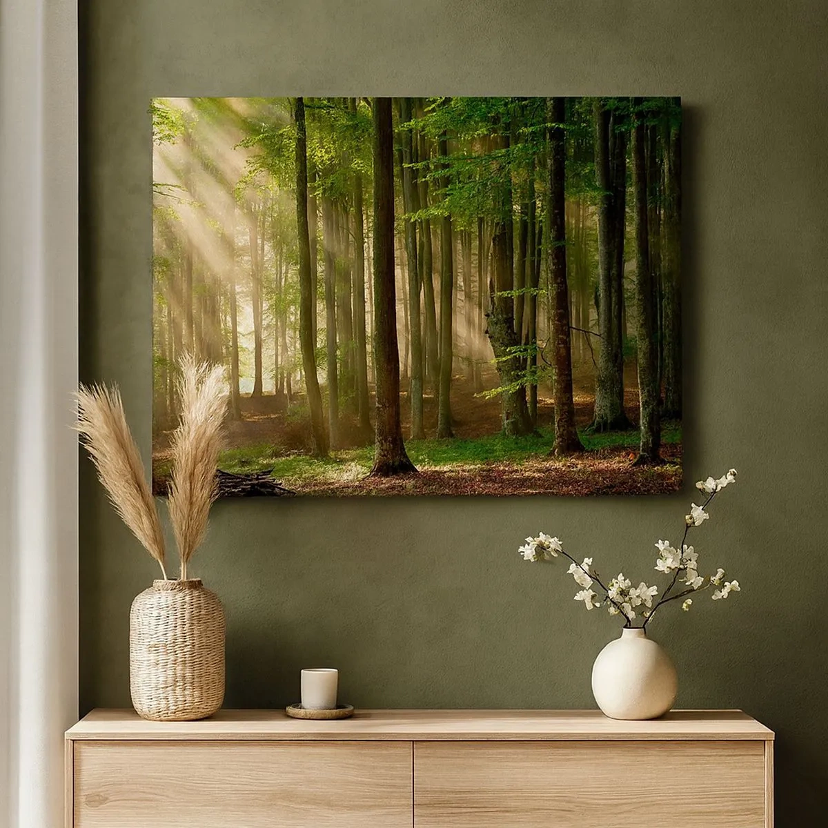 Quadro em tela - Raios de sol penetrando através das árvores da floresta - 70x50cm - Radiante em uma manhã de primavera - Decoração de parede moderna para a sala de estar e quarto ARTTOR