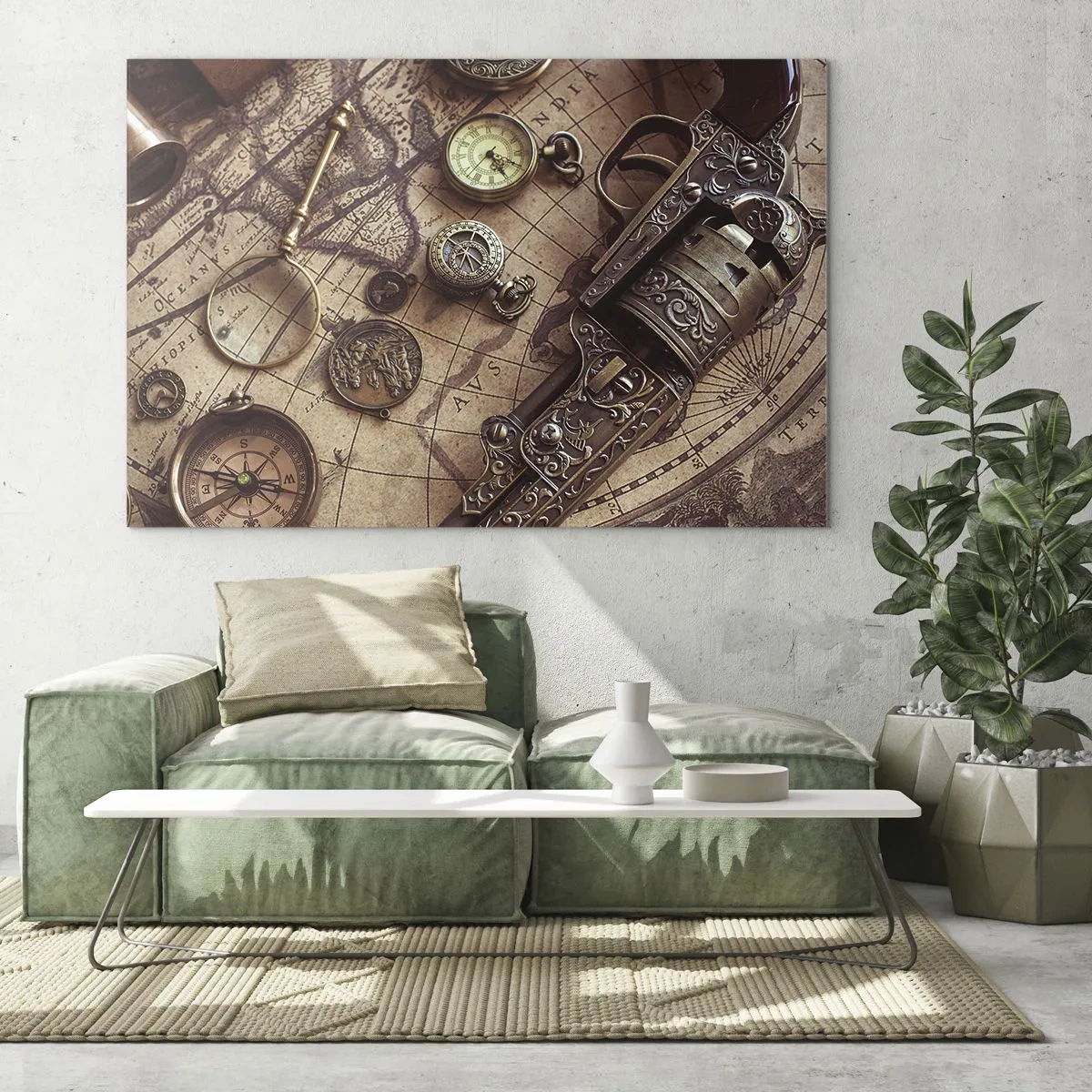 Quadro em vidro - Objetos antigos e um mapa - 70x50cm - A aventura nos chama - Decoração de parede moderna para a sala de estar e quarto ARTTOR