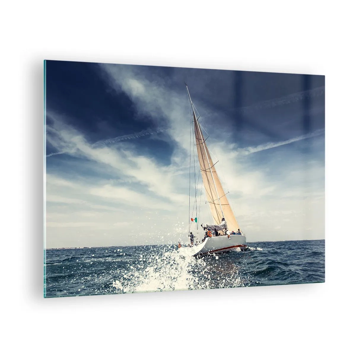 Quadro em vidro - Um iate navegando em um mar tempestuoso sob um céu azul - 70x50cm - Não nos alcançarão! - Decoração de parede moderna para a sala de estar e quarto ARTTOR