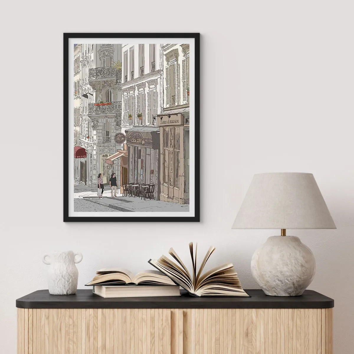 Pôster com moldura preta - Ilustração de uma charmosa rua em estilo parisiense - 50x70cm - Alegrias urbanas - Decoração de parede moderna para a sala de estar e quarto ARTTOR