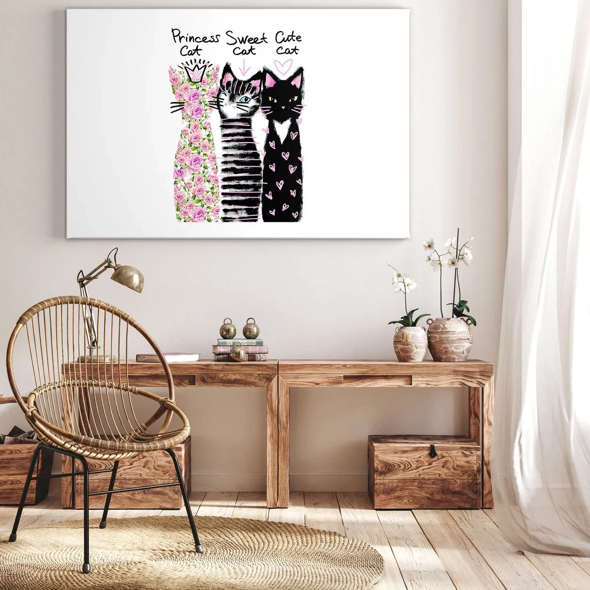 Quadro em tela - Três gatos com vários padrões artísticos - 70x50cm - Os três gatos - Decoração de parede moderna para a sala de estar e quarto ARTTOR