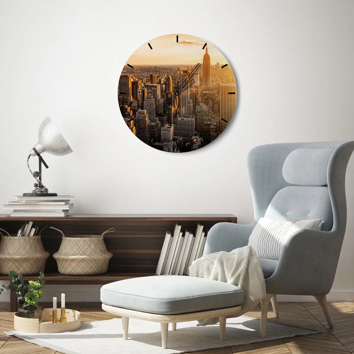 Relógio de parede - Relógio em vidro - Panorama dos arranha-céus de Nova York ao pôr do sol - 30x30cm - Crescer ao sol - Decoração de parede moderna para a sala de estar, cozinha e quarto ARTTOR