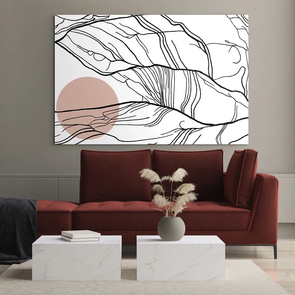 Quadro em vidro - Linhas sombreadas de galhos com um sol bege - 70x50cm - Numa rede de galhos - Decoração de parede moderna para a sala de estar e quarto ARTTOR