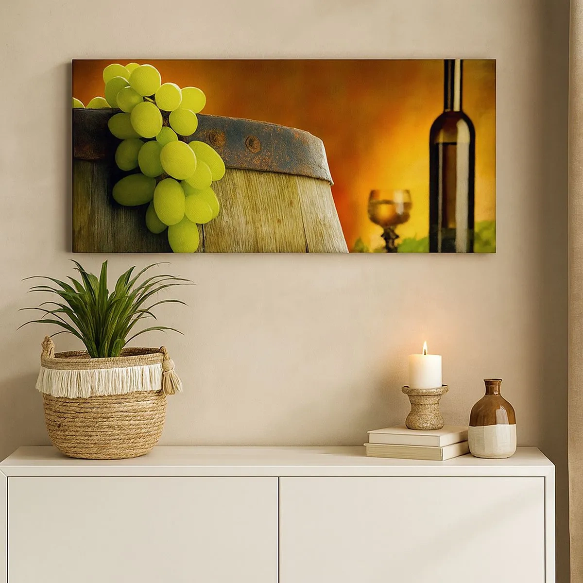 Quadro em tela - Natureza morta com uma garrafa de vinho e um cacho de uvas - 100x40 cm