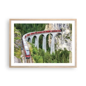 Pôster com moldura de carvalho claro - Linha férrea com vista para a montanha - 70x50 cm