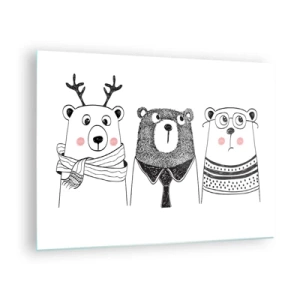 Quadro em vidro - Três ursos engraçados em uma ilustração em preto e branco - 70x50cm - Urso, ursinho e ursão - Decoração de parede moderna para a sala de estar e quarto ARTTOR