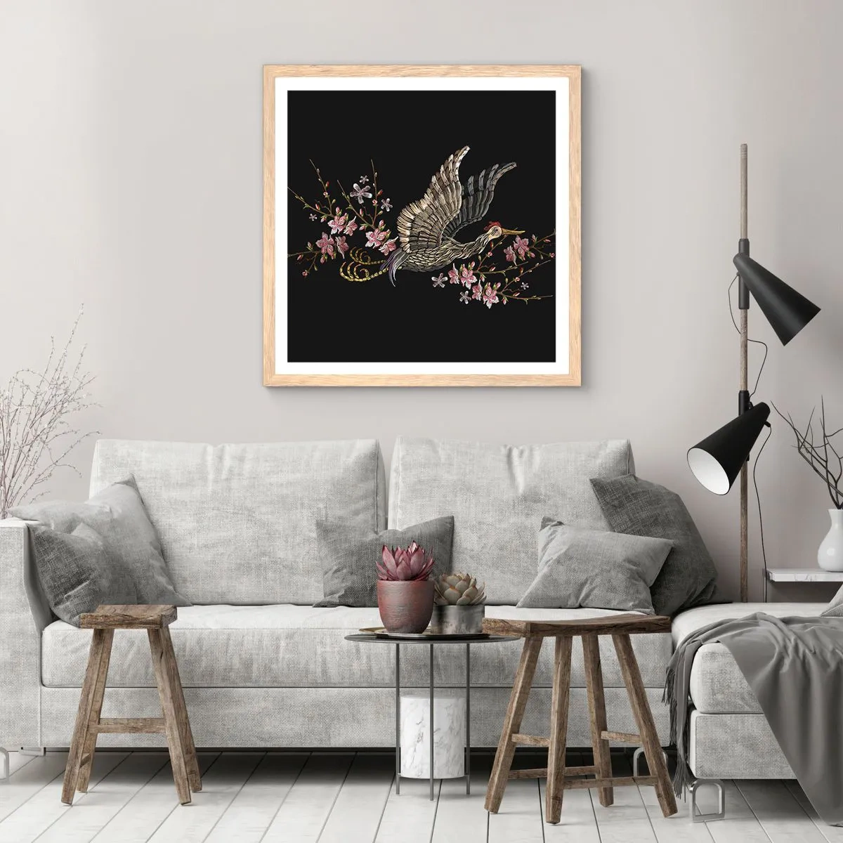 Pôster com moldura de carvalho claro - Pássaro exótico e bordado - 60x60 cm