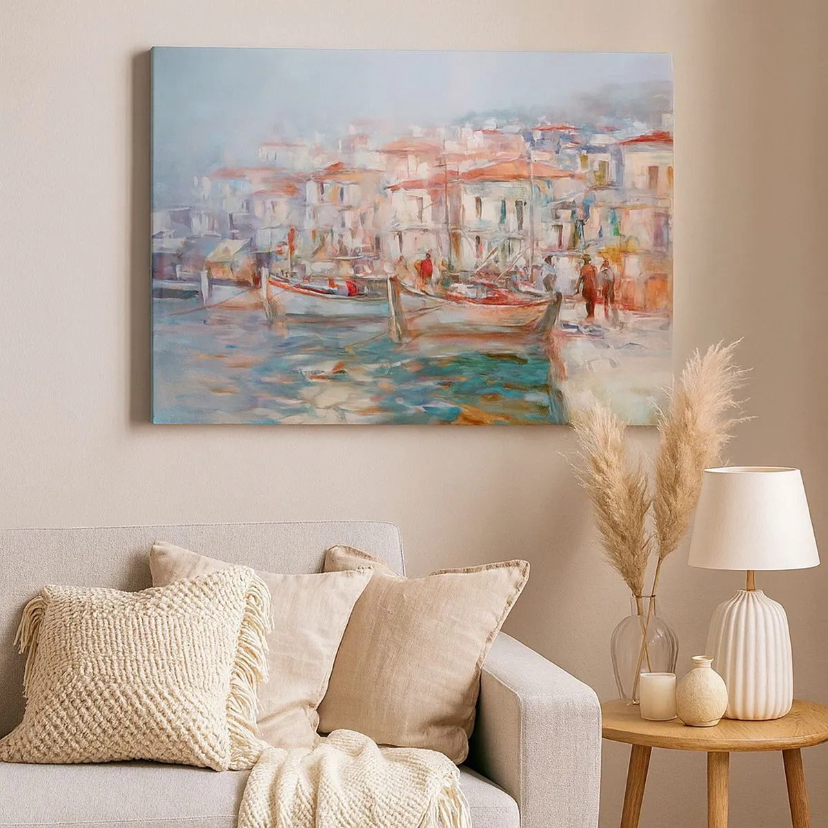 Quadro em tela - Impressão do porto com barcos e edifícios - 70x50cm - Férias em pastel - Decoração de parede moderna para a sala de estar e quarto ARTTOR