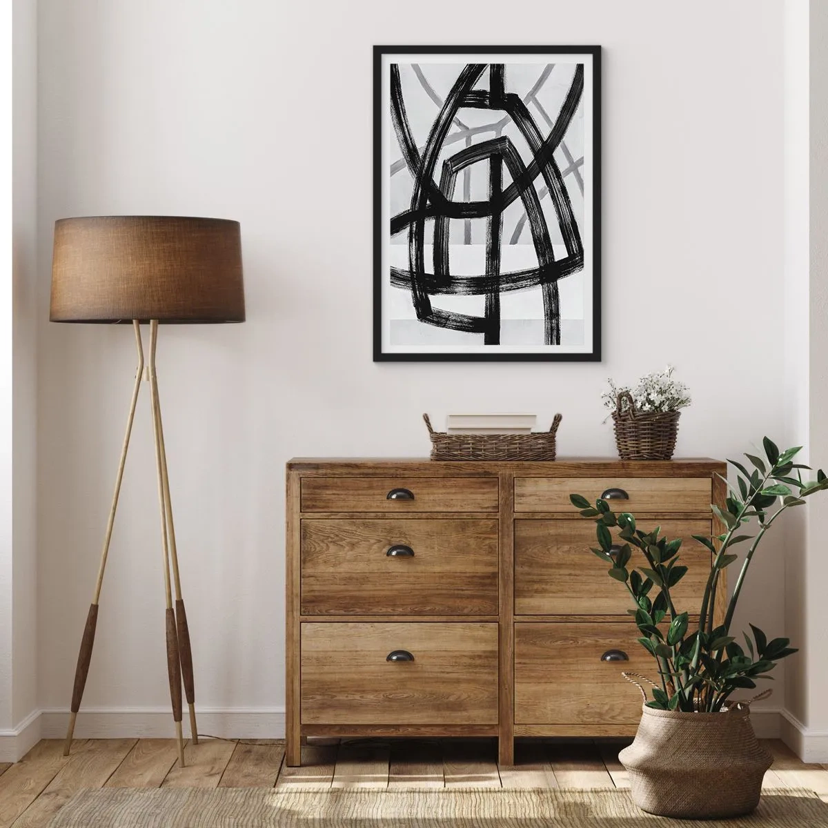 Pôster com moldura preta - Linhas pretas geométricas sobre fundo claro em uma composição abstrata - 50x70cm - Profundidade de construção - Decoração de parede moderna para a sala de estar e quarto ARTTOR